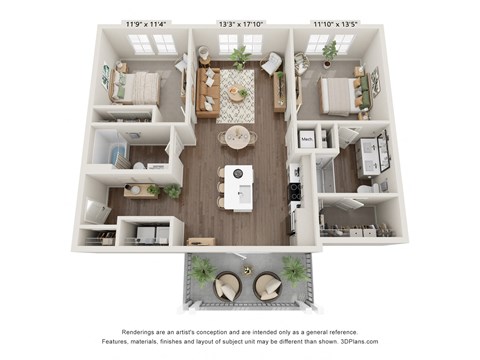 Floor plan for 2 beds, 2 baths, 1065 sqft